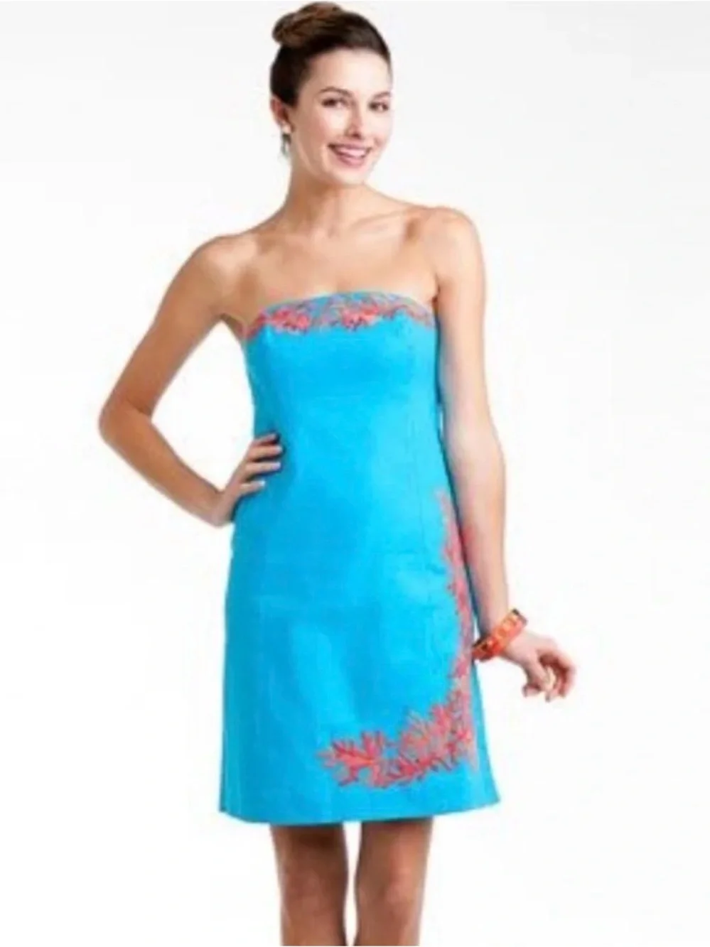 Lilly Pulitzer Turquoise Strapless Dress with Red Embroidered Accents - Picture 8 of 8